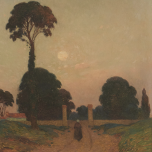 Detail of a painting depicting a serene landscape with a dirt path leading into the distance beneath a soft, glowing sky. A lone figure walks along the path toward a gated entrance flanked by tall trees, one of which towers prominently near the center. The colors transition from the warm, earthy tones of the path and grass to the cool, gentle hues of dusk or dawn in the sky. The ornate gold frame enhances the painting’s timeless and tranquil atmosphere.